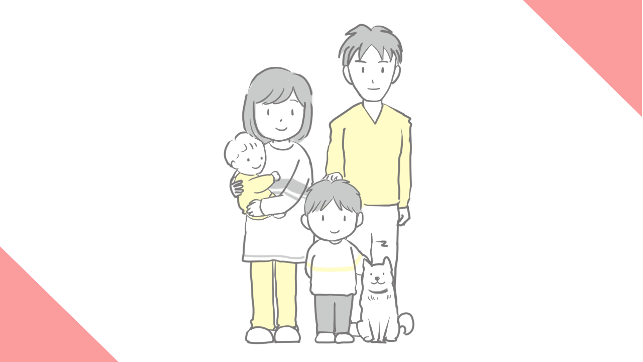 幼児と赤ちゃんのいる若い夫婦とペットの犬